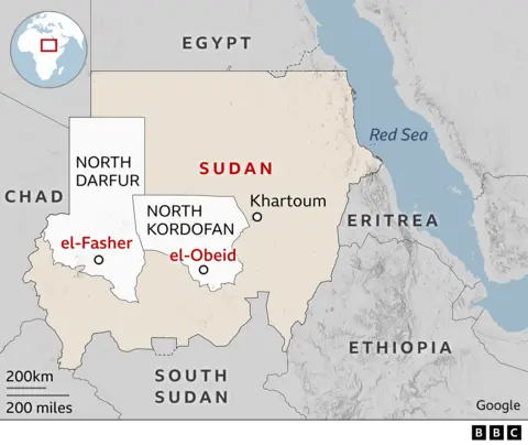 A map where El Fasher, El-Obeid, Khartoum, North Darfur and North Kordophan