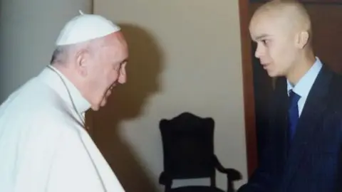 Vatican Media Pope Francis greets a gaunt shaven-headed Pedro Ballester in a private audience at the Vatican