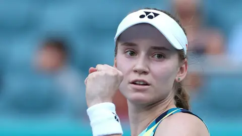 Elena Rybakina celebrates in Miami