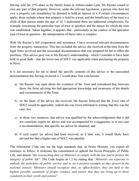 Downing Street The second page of Sir Laurie Magnus's letter from the e Independent Adviser on Ministerial Standards, acknowledging Angela Rayner broke the Ministerial Code.