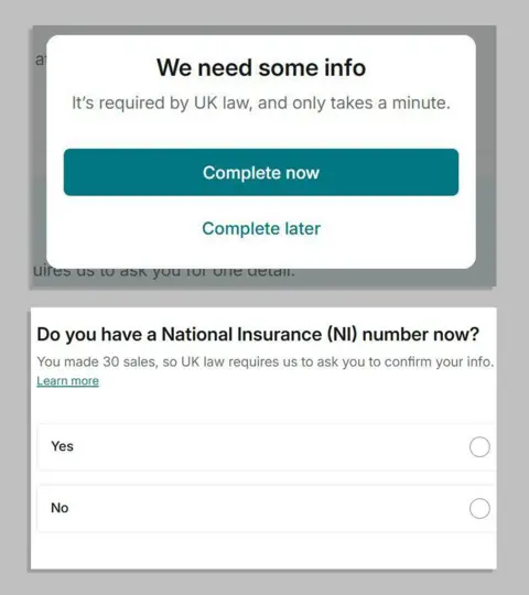 Vinted A screenshot of a message on Vinted which says we need some info. It's required by UK law and only takes a minute. There are two buttons which say complete now and complete later. Another message says do you have a National Insurance number now? You made 30 sales, so UK law requires us to ask you to confirm your info. There are two boxes yes and no.