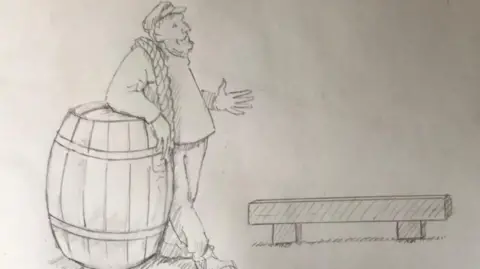 Supplied A pencil drawing of a man in fisherman's clothes with a rope over his shoulder leaning on barrel near a bench.