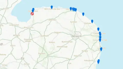 Defra A map of Norfolk, with blue pin drop markings at various coastal locations, including a cluster near Sheringham, and a cluster near Great Yarmouth.