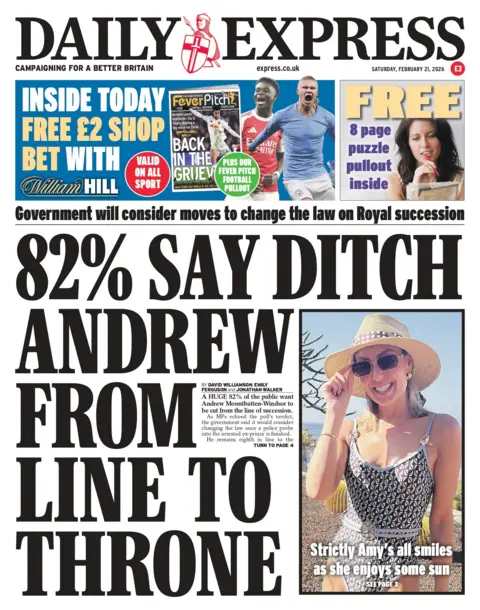 82% say ditch Andrew from line to throne", reads the headline on the front page of the Daily Express.