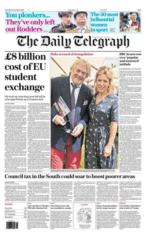 The headline on the front page of the Daily Telegraph reads: "£8 billion cost of EU student exchange".