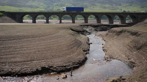 Low water levels at the Woodhead Reservoir in Derbyshire 