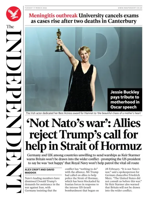 “’Not Nato’s war’: Allies reject Trump’s call for help in Strait of Hormuz” reads the headline on the front page of the Independent.