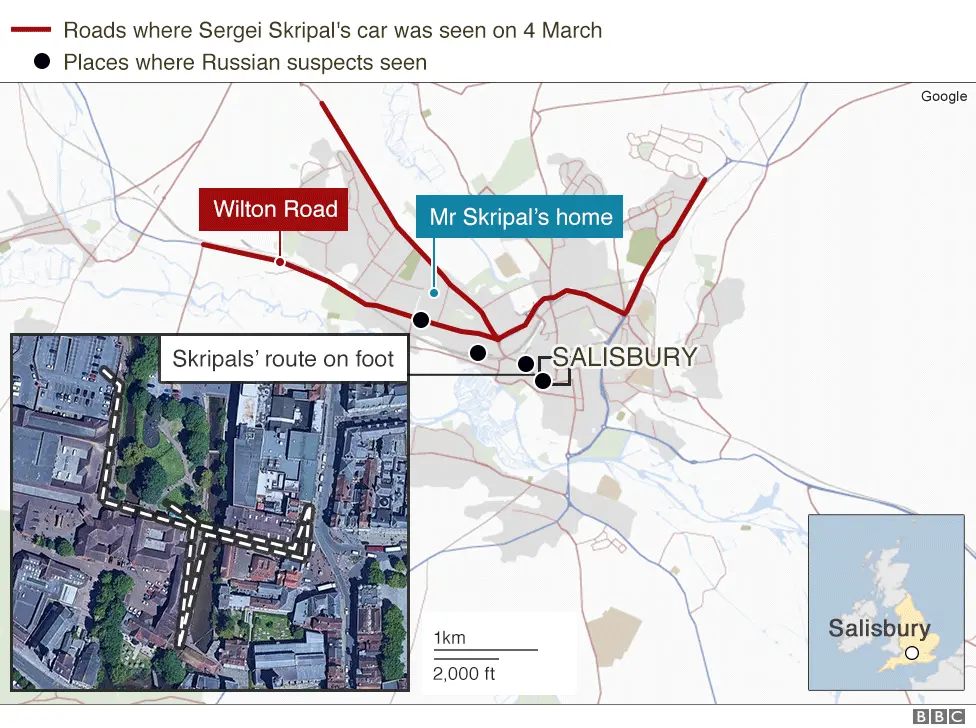BBC Map showing sightings of the Skripals and the Russian suspects