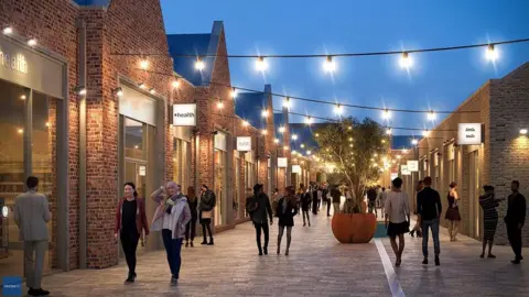 A computer-generated image of a modern high street with shops, people, plant pots and string lights.