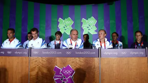 Getty Images Team GB Tennis team (L-R) Ross Hutchins, Colin Fleming, Andy Murray, Jamie Murray, Team Leader Paul Hutchins, Anne Keothavong, Elena Baltacha, Heather Watson and Laura Robson