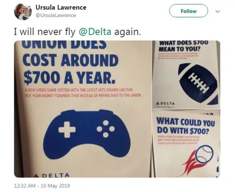 @UrsulaLawrence @UrsulaLawrence tweeted: "I will never fly Delta again".