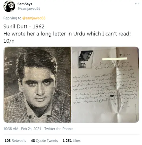 Twitter/@samjawed65 Sunil Dutt's letter