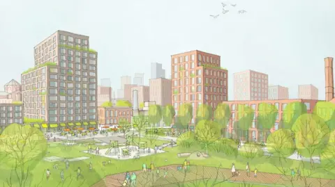 An artists impression of a park with large trees, a climbing frame and walkway, populated by lots of people milling about. The park is set in front of a cityscape including industrial buildings.  