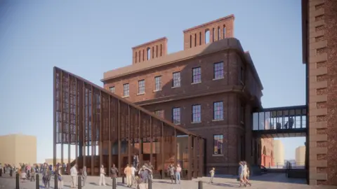 Feilden Clegg Bradley Studios  An artist impression of how the slavery museum and maritime would look - a red brick building with an iron entrance coming out of the front