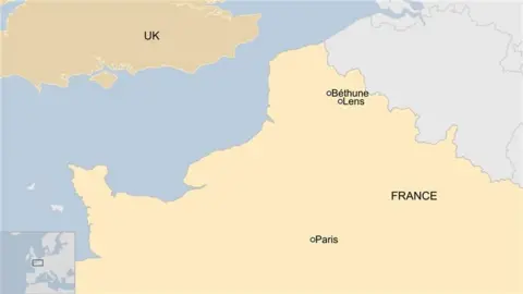 A map showing the location of Bethune, Lens and Paris within France. With the UK also labelled.