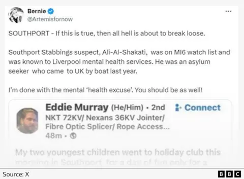  "SOUTHPORT - if this is true, then all hell is about to break loose. Southport stabbings suspect, Ali-Al-Shakati, was on MI6 watch list and was known to Liverpool mental health services. He was an asylum seeker who came to UK by boat last year. I'm done with the mental 'health excuse'. You should be as well!"