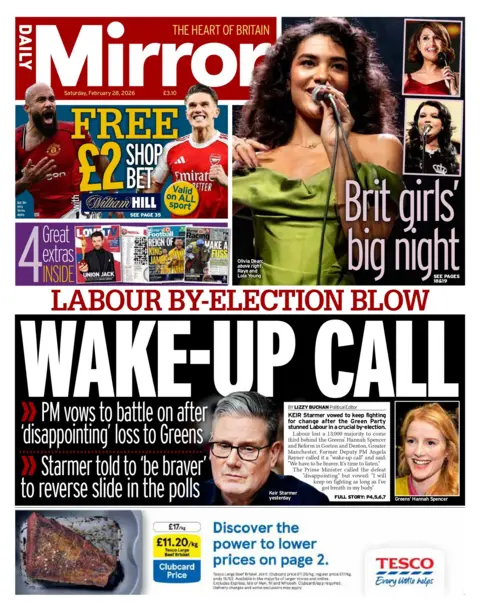 The headline on the front page of the Daily Mirror reads: "Wake-up call" in large white letters set against a black background.