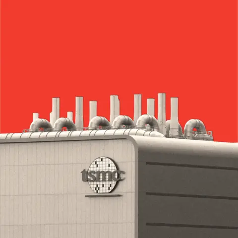 BBC A treated image of a TSMC factory, set against a red background