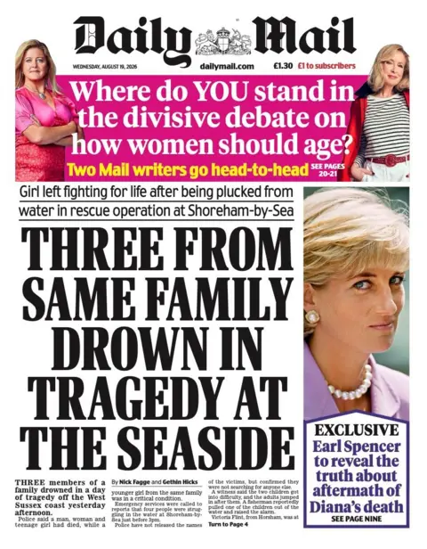 The headline on the front page of the Daily Mail reads: "Three from same family drown in tragedy at the seaside."
