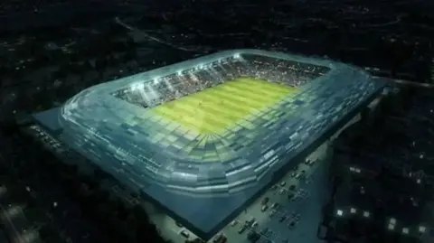 GAA Artists impression of large open-air rectangular stadium with playing grass visible 