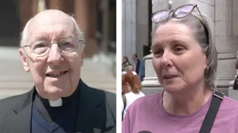 A split screen showing two interviews, a priest on the left and a woman on the right.