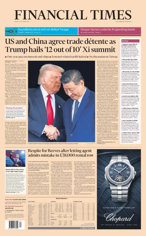 "US and China agree trade détente as Trump hails '12 out of 10' Xi summit" reads the headline on the front page of the Financial Times.