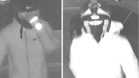 Two side-by-side CCTV images of a man wearing a zip up jacket and a motorcycle helmet. In one picture he appears to be holding a torch.