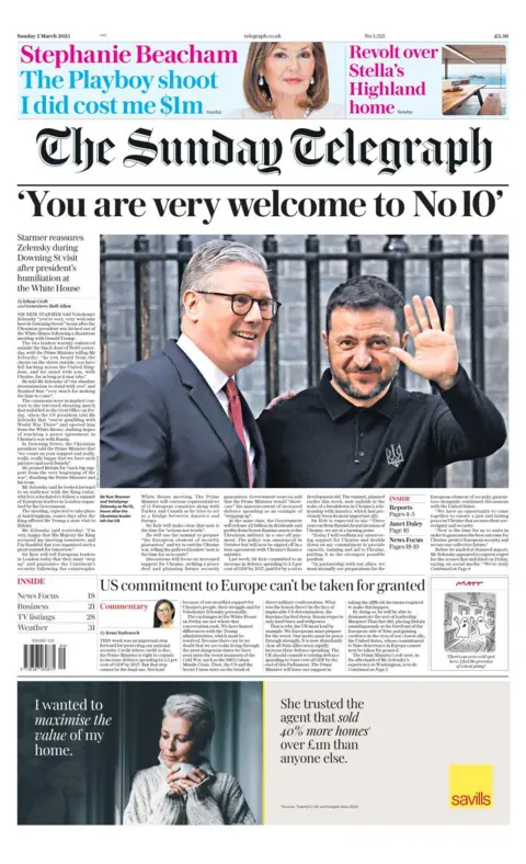 La página principal del Sunday Telegraph dice: "Eres muy bienvenido al No 10"y presenta una imagen de Zelensky Meeting Starmer el sábado.  