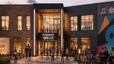 An artist impression of the youth zone. A large double-storey modern building with large glass windows on both floors. There are a number of young people outside and inside. Above the front door is a large sign reading "Peterborough Youth Zone". 
