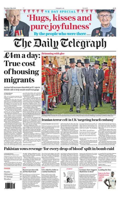  True cost of housing migrants".  The main photo shows King Charles in a top hat and wearing a suit at the first garden party of the season at Buckingham Palace. 