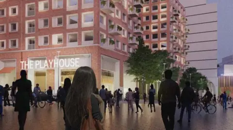 A computer generated image of a development. People walk on a square outside a high-rise building with multiple windows. The Playhouse is written on the lower floor frontage. It is dusk and the building is brightly lit.