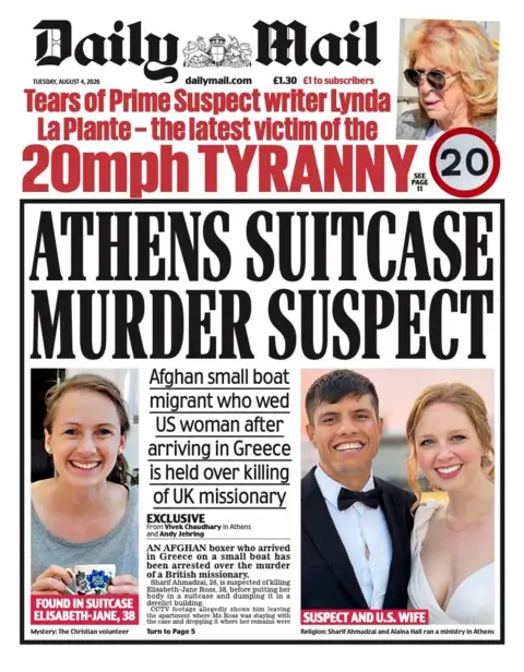 "Athens suitcase murder suspect" reads the headline on the front page of the Daily Mail.