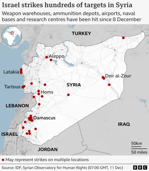 Map of Israeli strikes on Syria