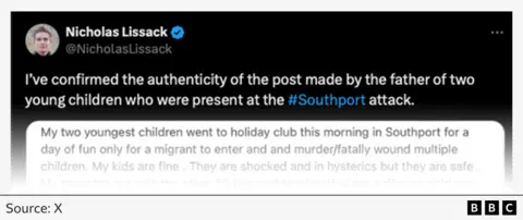   "I've confirmed the authenticity of the post made by the father of two young children who were present at the Southport attack". He also screenshots the original post.