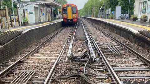Network Rail Disrupted wiring on a train track