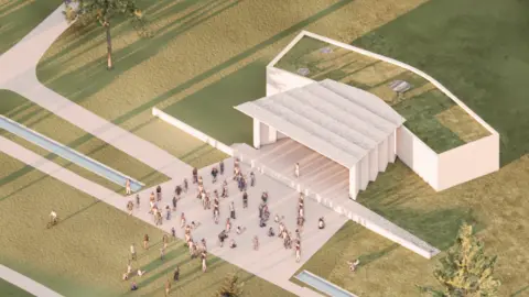 Harlow Council A CGI aerial view of an outdoor event at the modern white bandstand in a park, with people gathered on paved and grassy areas surrounded by trees.