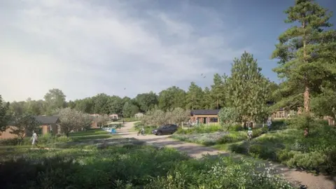 A computer-generated image of a holiday park set among trees in the countryside. A number of wooden lodges can be seen either side of a narrow pathway. People are walking around and a car is parked on the right.
