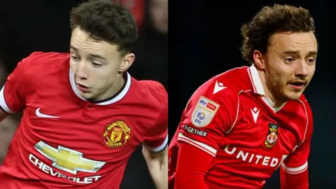 Ollie Rathbone in action for Manchester United in 2015 (left) and playing for Wrexham during the 2025-26 season