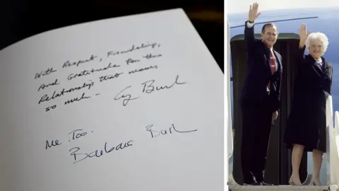 Getty Images A composite image shows the page signed by US President George W. Bush and First Lady Barbara Bush on the left, and a photo of them waving from their plane as it departed at the end of its visit to London in June 1989 .