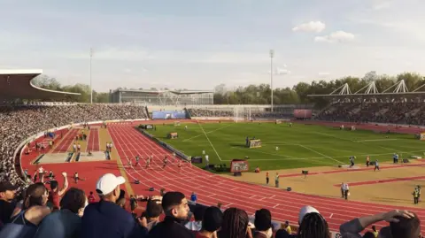 GLA A CGI of the red running track, lined with spectators. There are small figures running and a green patch of grass in the middle where other sports might be played