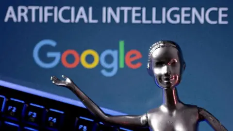 A metal statuette points to Google's logo beneath a banner that reads "Artificial Intelligence"