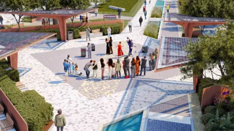 The image shows a digitally created visual of a redesigned public space. The scene is an open, landscaped square with wide paved walkways in pale and patterned stone. Large solar‑panel canopies sit across the space, each raised on supports. 