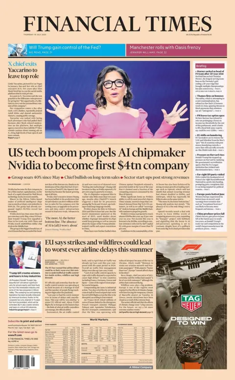 "US tech boom propels AI chipmaker Nvidia to become first $4th company" reads the main headline on the front page of the FT for Thursday 10 July 2025.