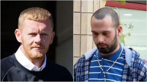 Athena Pictures A composite image of two men outside of court. Luke on the left is looking right at the camera. He has a white collared shirt on under a black round neck top. He has short red hair and a red beard. Connor is looking town and is wearing a blue shirt with white stripes. He has a buzz cut and stubble beard,. 