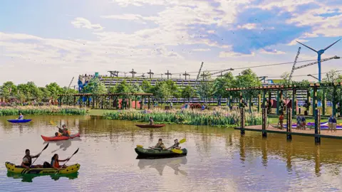 Artist impression of the development showing five boats on a lake, a decking area and large building in the background mostly hidden by trees