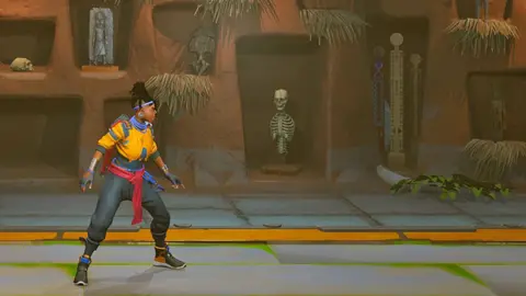 Nyamakop A screengrab from Relooted showing a side view Nomali, in a stance in which  she looks ready for action. She is in what is called the 'artefacts room' and behind her can be seen various African artefacts, a skull and a skeleton displayed in alcoves.