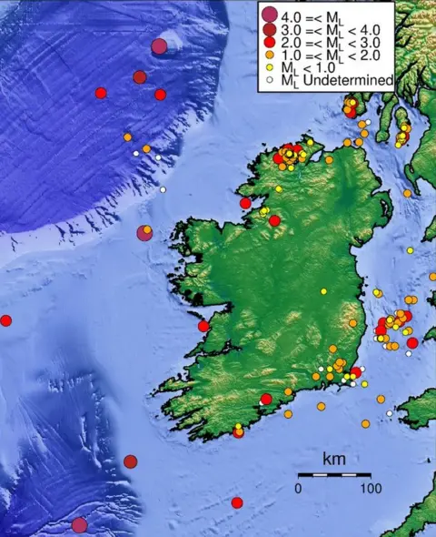 Irish National Seismic Network Map showing seismic activity in Ireland over the past 40 years