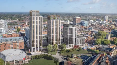 A CGI image of the four-storey units over Reading, with the rest of the town centre to the right.