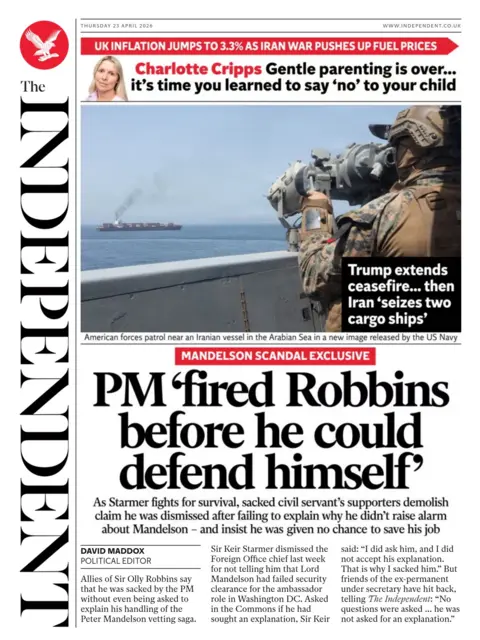 PM 'fired Robbins before he could defend himself", is the headline on the Independent's front page. 