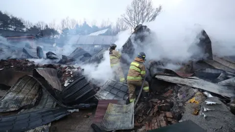 EPA Firefighters try to extinguish a still burning house gutted by a massive forest fire in Sokcho, South Korea, on 5 April 2019